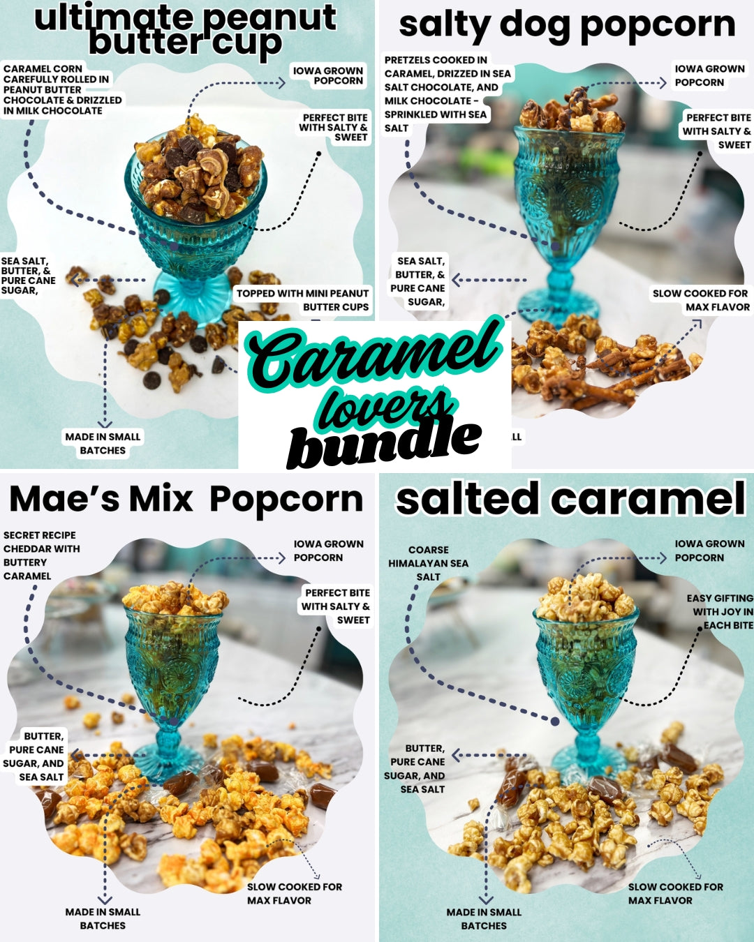 Caramel Lovers Bundle - Popcorn with Salted Caramel, Salty, Mae's Mix, Ultimate Peanut Butter Cup, Salty Dog
