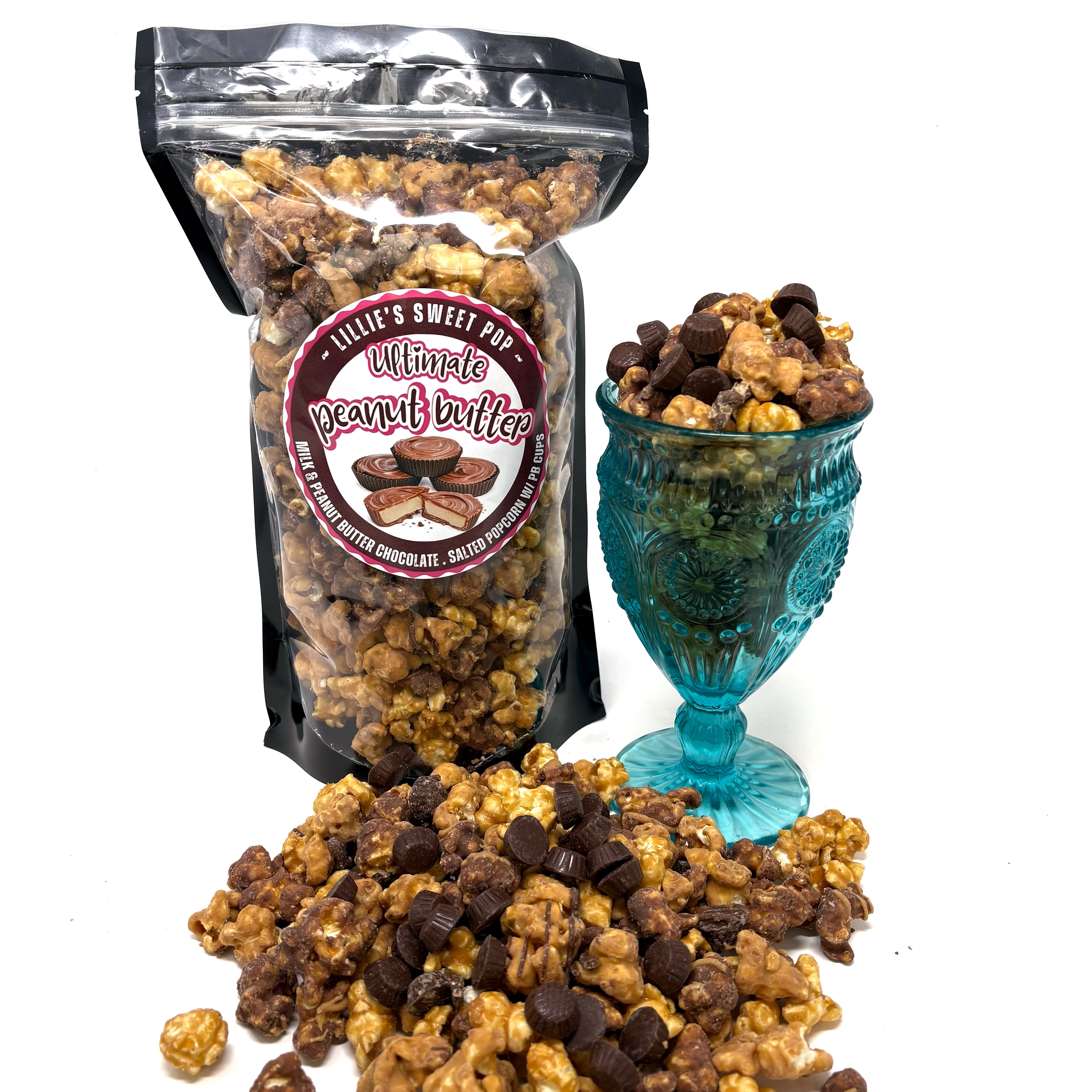Our Ultimate Peanut Butter Cup Popcorn includes a blend of milk chocolate popcorn, peanut butter chocolate popcorn, and salted vanilla popcorn. Finished off with mini peanut butter cups sprinkled throughout.