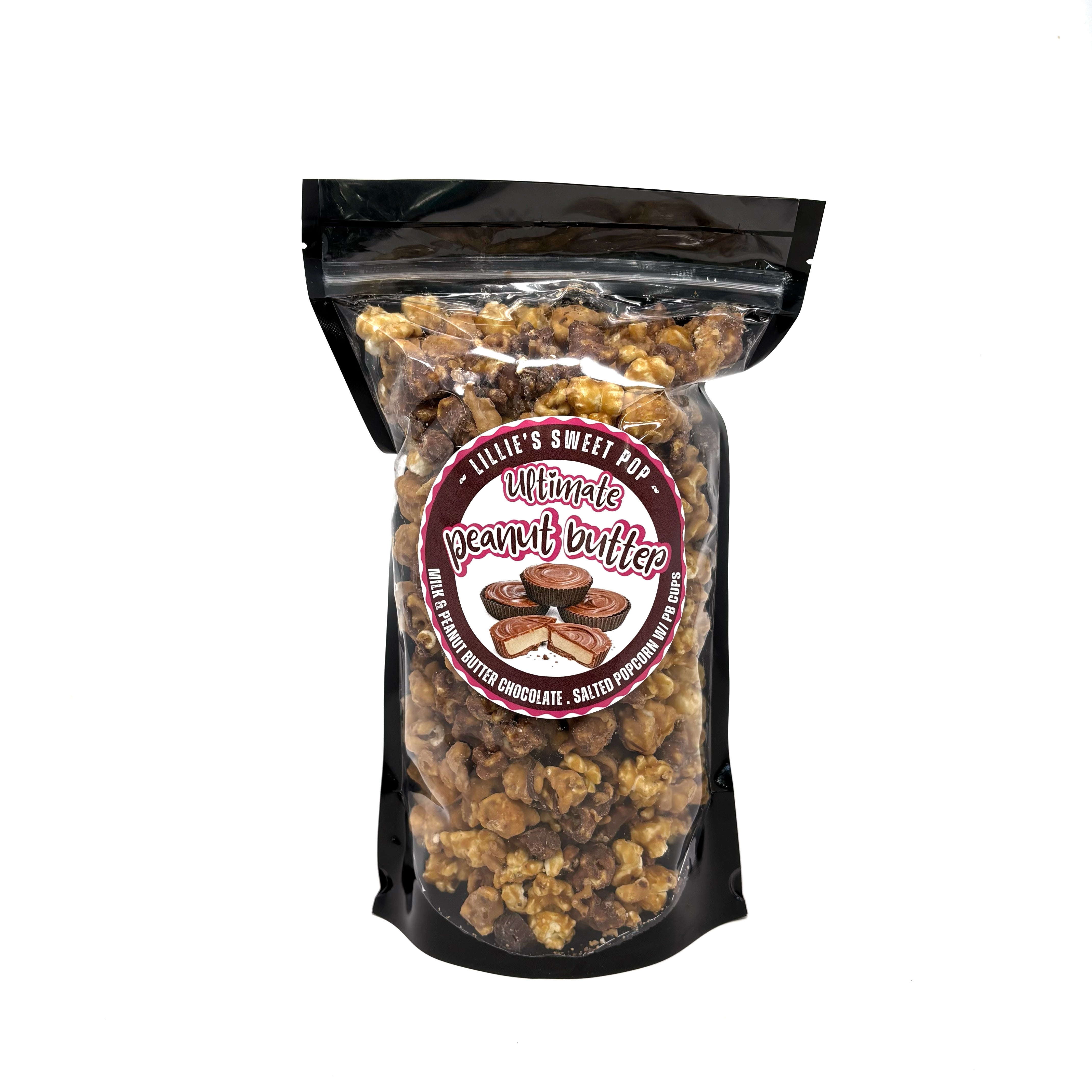 Our Ultimate Peanut Butter Cup Popcorn includes a blend of milk chocolate popcorn, peanut butter chocolate popcorn, and salted vanilla popcorn. Finished off with mini peanut butter cups sprinkled throughout.