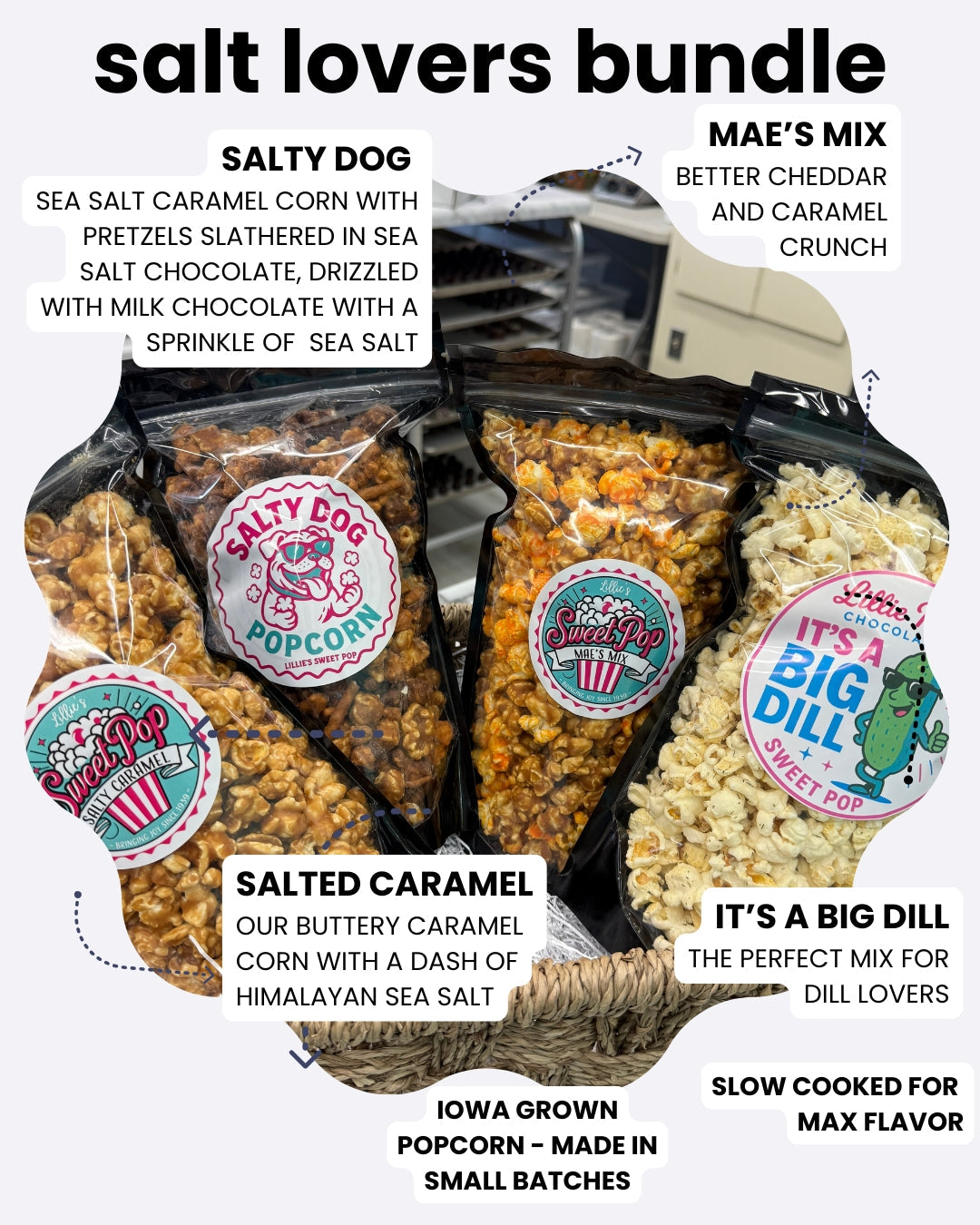 Salt Lovers Popcorn Bundle - Popcorn with Salted Caramel Corn, Mae's Mix, It's a Big Dill, and the Salty Dog