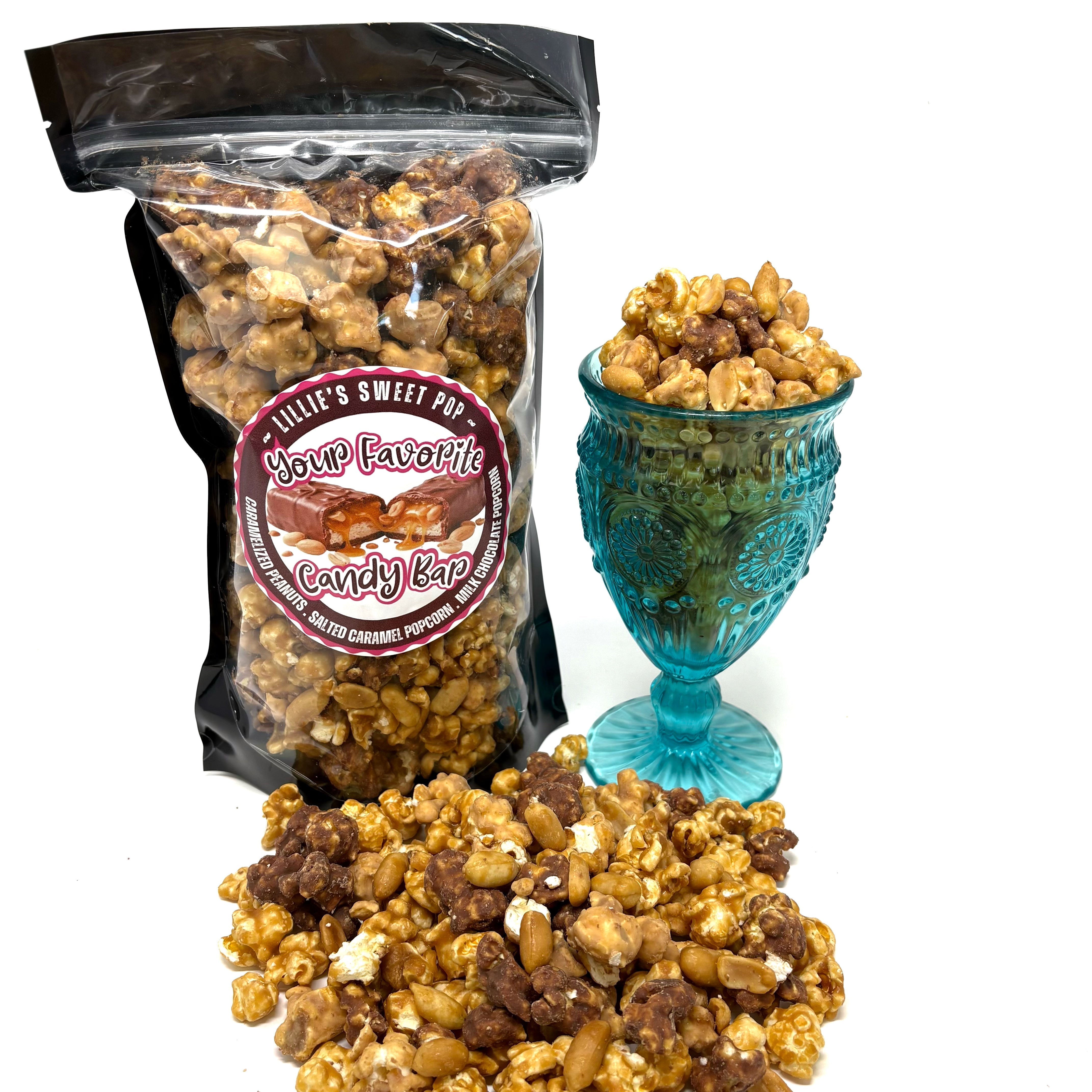 Your Favorite Candy Bar Popcorn includes a decadent chocolate-nougat blend that is combined with milk-chocolate-dipped salted vanilla caramel popcorn. Finished off with peanuts coated in our buttery caramel. 