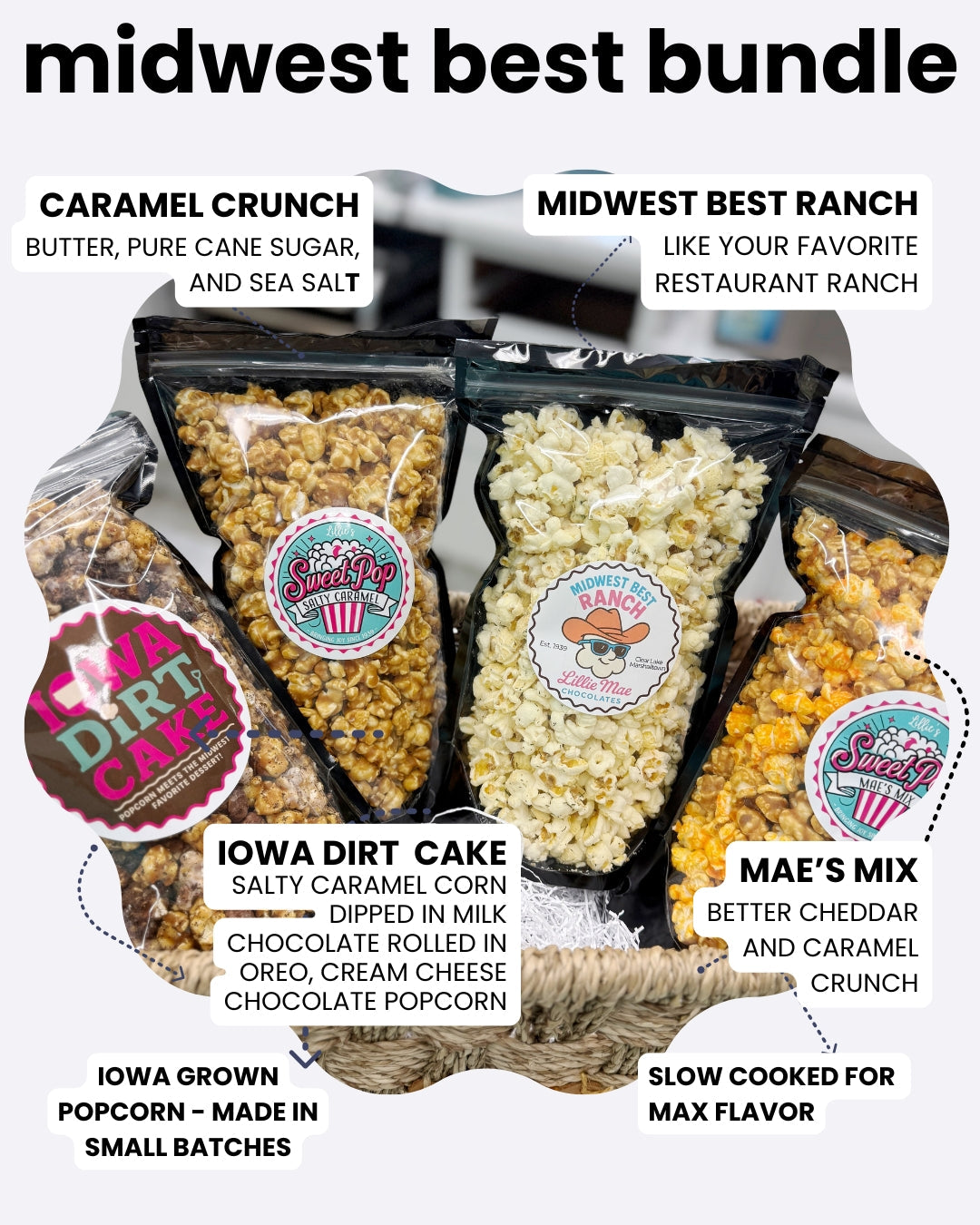 Midwest Best Bundle - Popcorn with Iowa Dirt Cake, Caramel Crunch, Mae's Mix, and Midwest Best Ranch